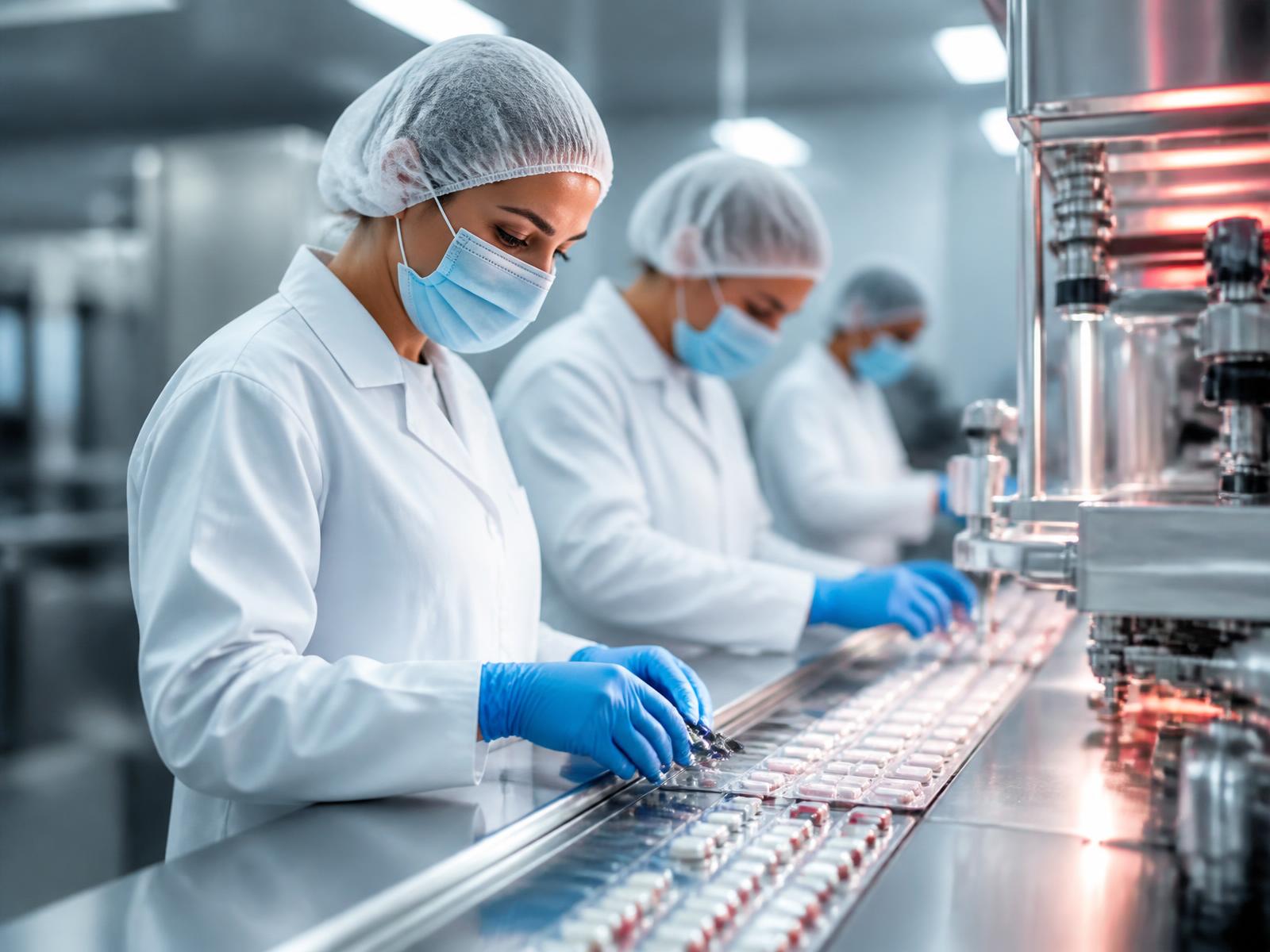 Pharmaceutical manufacturing staff in white coats, caps, masks and gloves inspecting blister strips on a packaging line